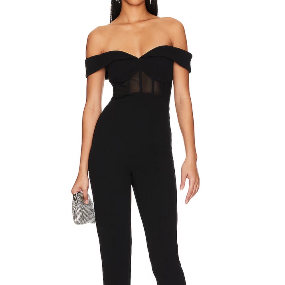 Misha Colby Bonded Black Off-Shoulder Corset Jumpsuit - Small